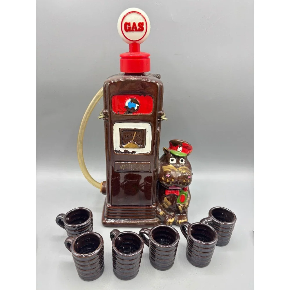 Vtg Gas‎ Pump Whiskey Decanter Set Ceramic Hippo Attendant 6 Shot Glasses EMPTY